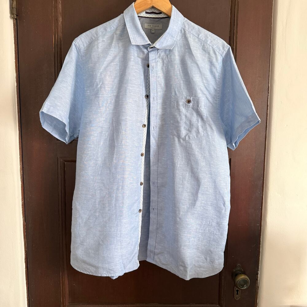 TED BAKER | Light Blue Linen Cotton Blend Short Sleeve Button Down Shirt | XL